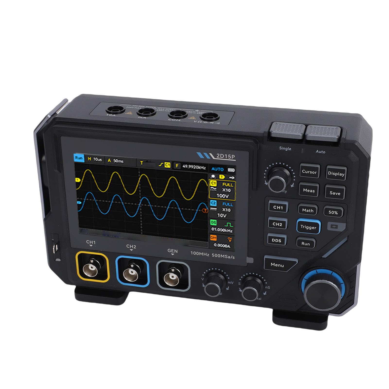 Osciloscopio Digital 100 MHz 3 en 1 con Multímetro y Generador DDS | Doble canal, 500 MSa/s, pantalla táctil IPS de 4,3 pulgadas y generador DDS de 10 MHz para análisis y diagnóstico.