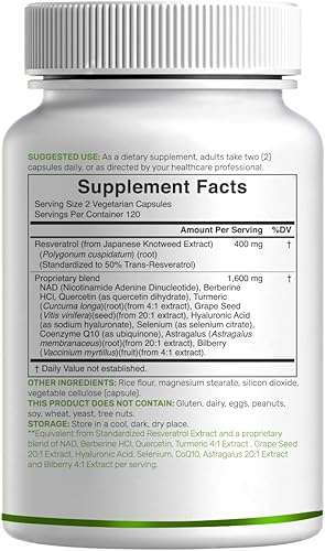 Miniatura 6 de Complejo de resveratrol 2,000 mg, 240 cápsulas vegetales  Trans-resveratrol extra fuerte con NAD, quercetina, curcumina, semilla de uva y más