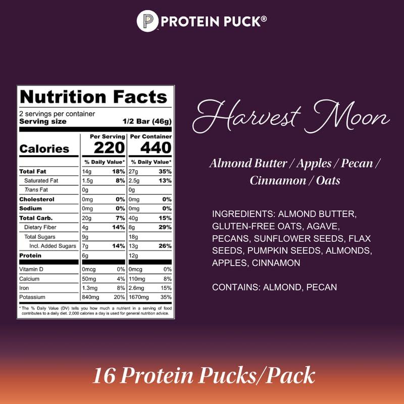 Image of Protein Puck Plant Based Protein Bars 16 Count 3.25oz Full Size HarvestMoon | Snacks with Vegan Protein, Gluten Free, Non Dairy, Kosher Certified Non GMO Premium Healthy Bars