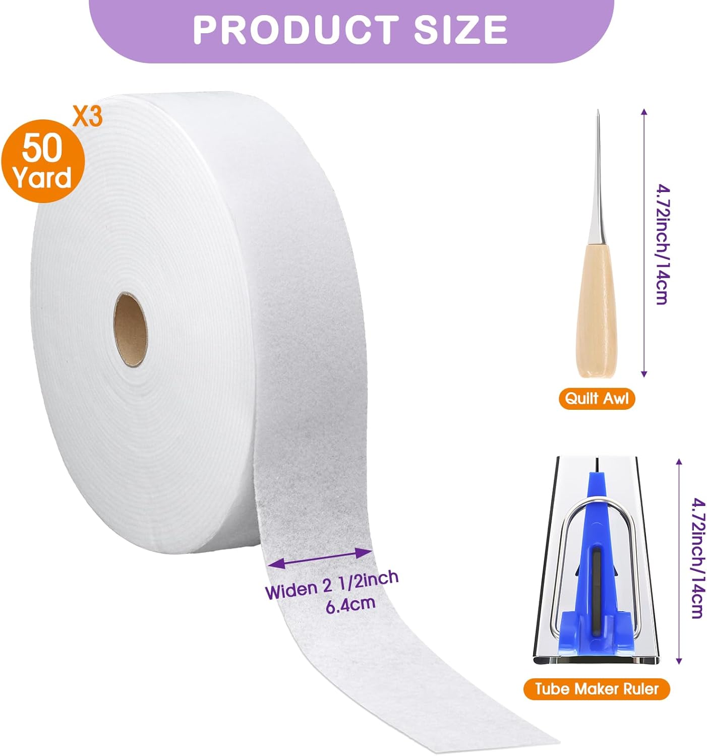 3 Rolls Jelly Roll Batting Strips for Rugs, Jelly Roll Fabric 2 1/2 Inch Width Total 150 Yards Cotton Blend Quilt Batting with Sasher Tool Awl Tube Maker Ruler Quilting for Upholstery Projects