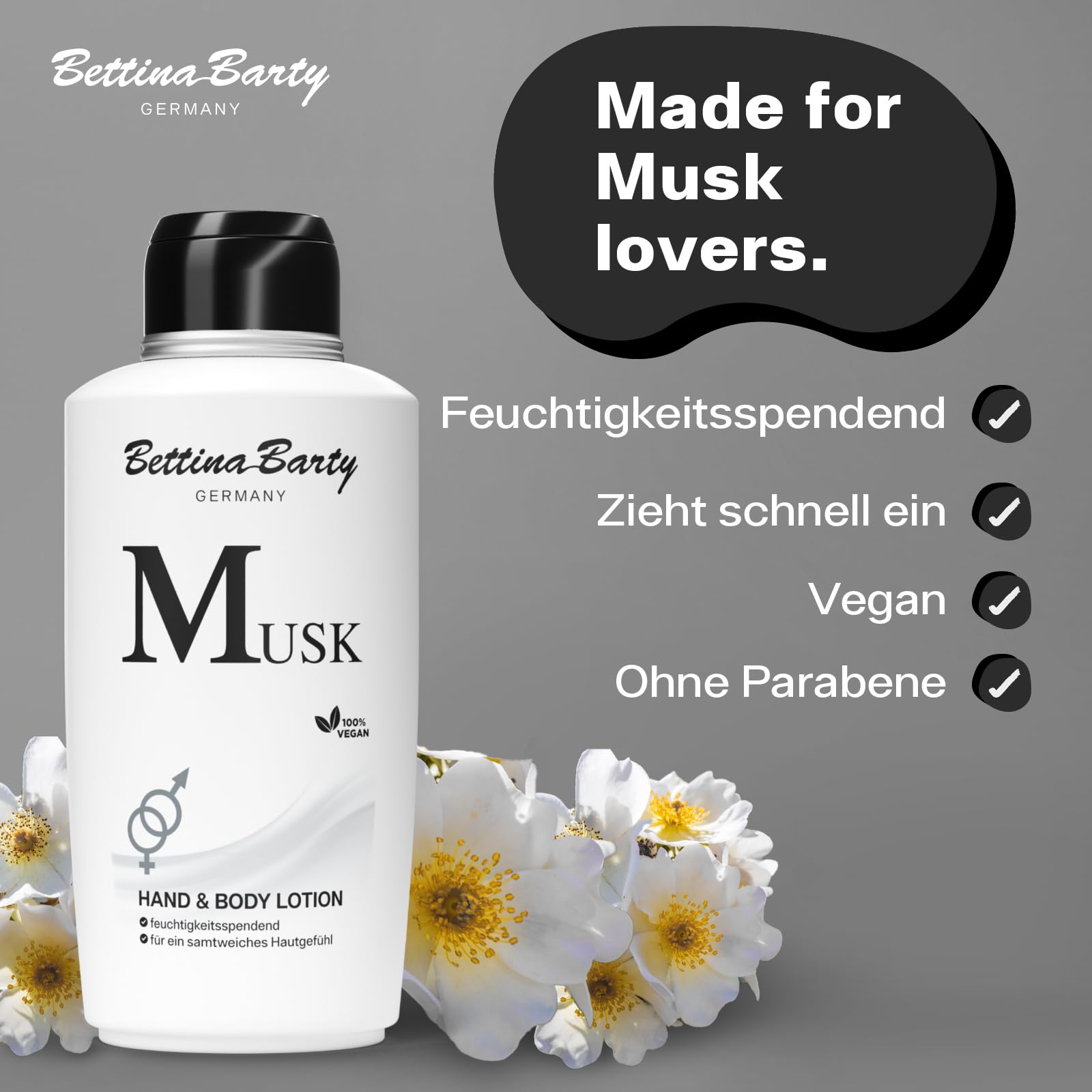 Bettina Barty Musk Hand & Body Lotion 12 x 500 ml – Feuchtigkeitspflege mit sinnlichem Moschusduft für Haut & Hände – Mit schnell einziehender Formel