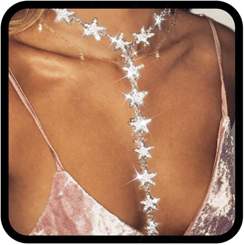 Nicute Rhinestone Y-Necklace Jewelry Star Long Choker Necklace Sparkly Crystal Festival Necklace Chain for Women