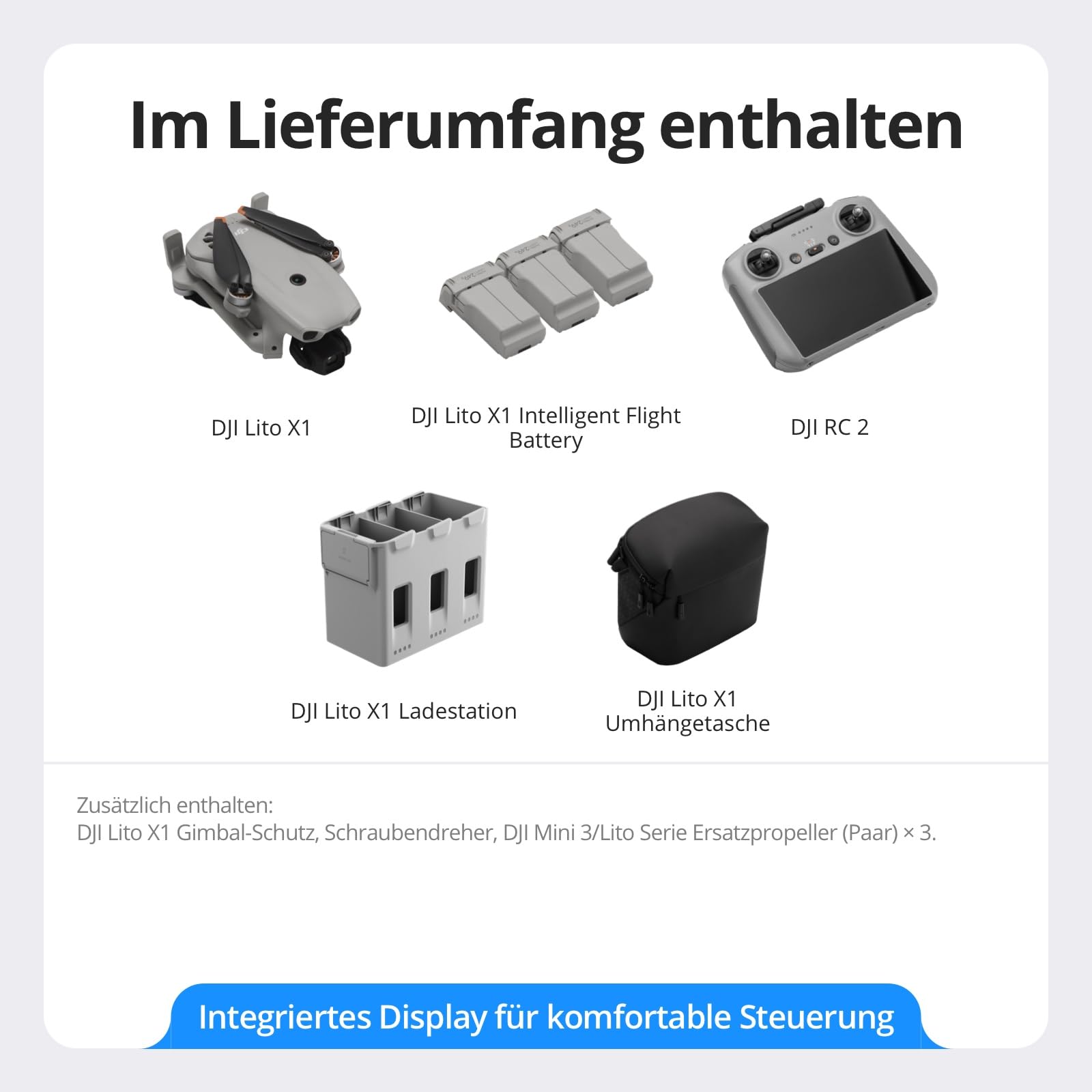 DJI Lito X1 Fly More Combo mit DJI RC 2, 4K Kameradrohne, Hinderniserkennung, ActiveTrack, 1/1,3-Zoll-Sensor, 15 km Videoübertragung, 3 Akkus, C0