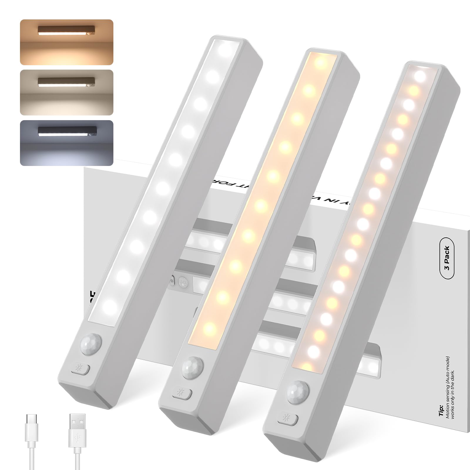 JVURICE Schrankbeleuchtung LED Bewegungssensor, 18 cm Kompakt Treppenlicht, 7000/4500/3000 K Farbtemperatur, Helligkeitsregelung, Magnetlampe, USB-C Aufladbar für Schubladen, Vitrinen(3er Pack)