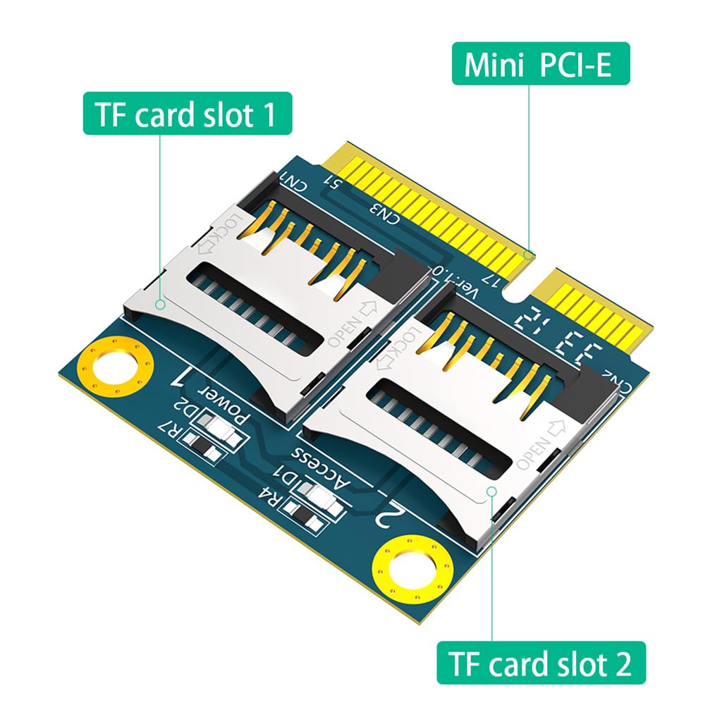 JMT Mini PCI-E to Dual Micro SD Card TF Card Adapter with Metal Extender Bracket Supports Half-Size and Full-Size Dimension