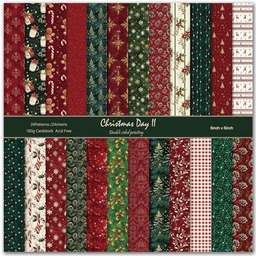 Christmas Scrapbook Paper 24Sheets Decorative Christmas Craft Double-Sided Grid Pattern Paper for DIY Photo Album Card Making Scrapbooking Journal 6x6 in