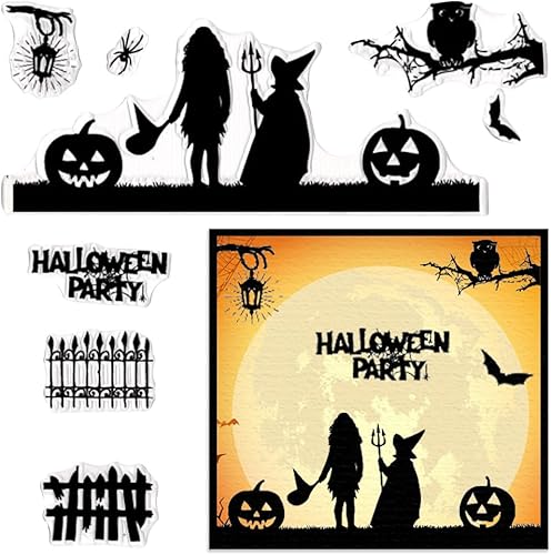 Threetols Marco de Halloween sellos transparentes para hacer tarjetas, palabras de bruja fantasma, sello de goma transparente, para árbol, calabaza,