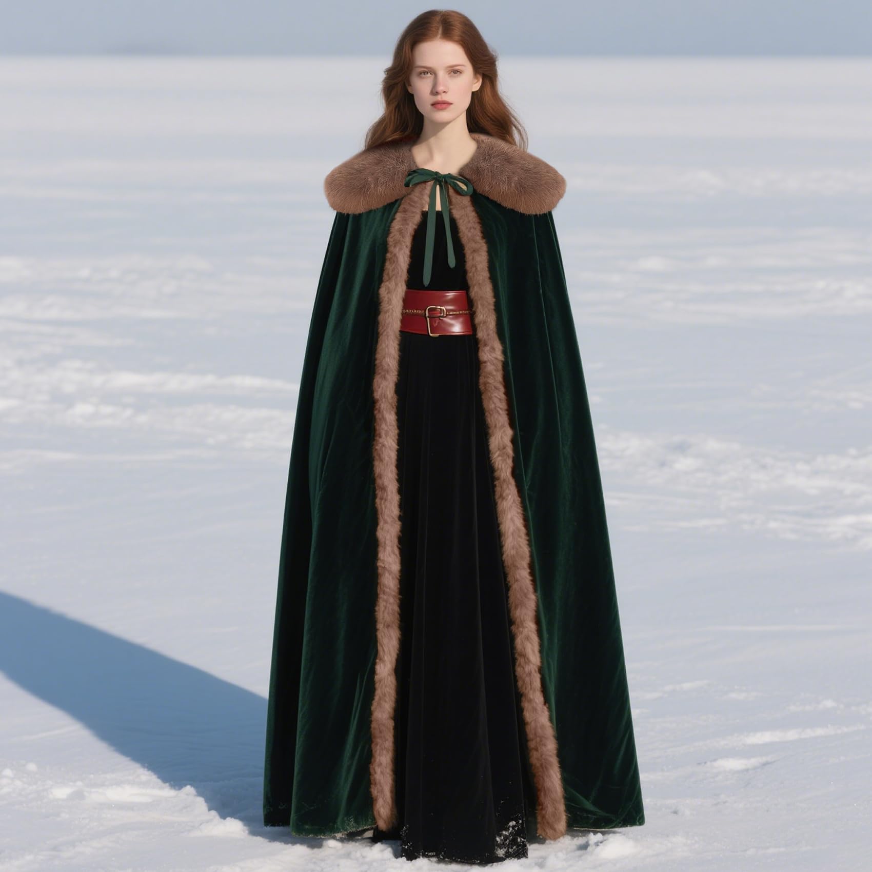 keland Renaissance Samt Umhang mit Wikinger Fell Kragen für Damen Halloween Kostüm (Grün )
