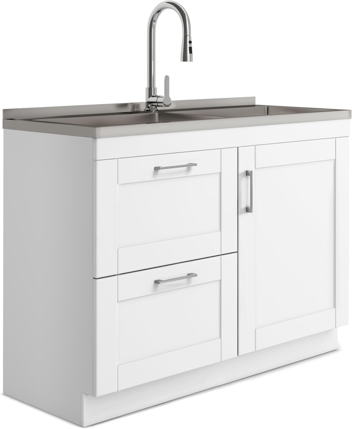SIMPLIHOME Modern Wide Shaker All-in-One 46 inch Wide Utility Sink and Laundry Cabinet in Pure White Finish, Transitional Stainless Steel Sink Cabinet for Laundry Rooms with High-Arch Chrome Faucet