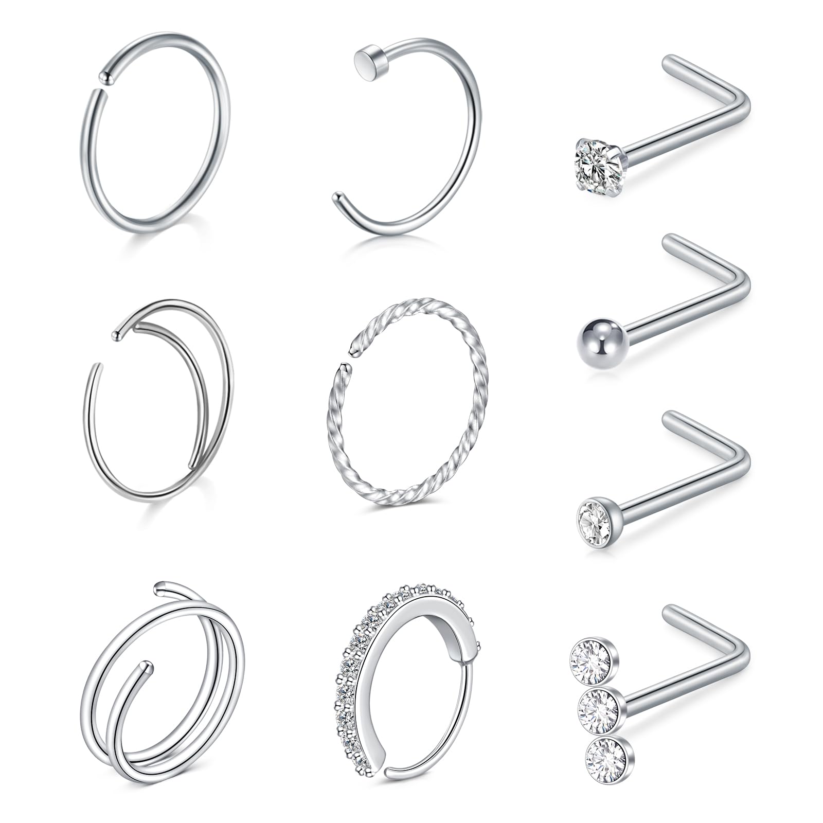 WillTen 10Pcs Nose Rings L Shaped Nose Studs Silver, 20G Nose Rings Hoops Nose Screw Studs Stainless Steel Corkscrew Nose Studs Nostril Nose Piercing Jewelry C Shape Nose Hoops for Women