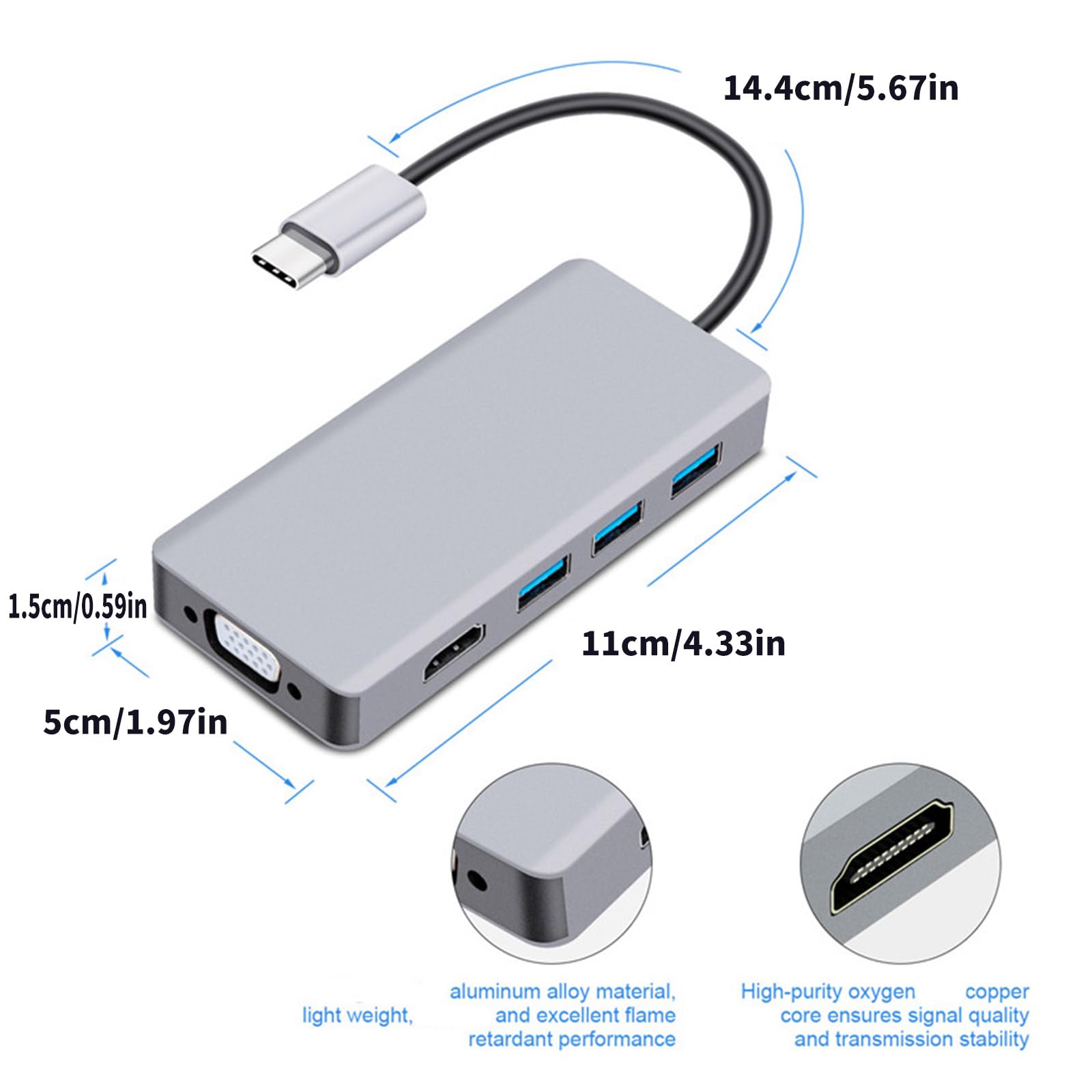 Adaptateur USB C HUB USB 3.1 vers vidéo + convertisseur VGA (prise en charge vidéo et VGA) pour présentation et travail de conception