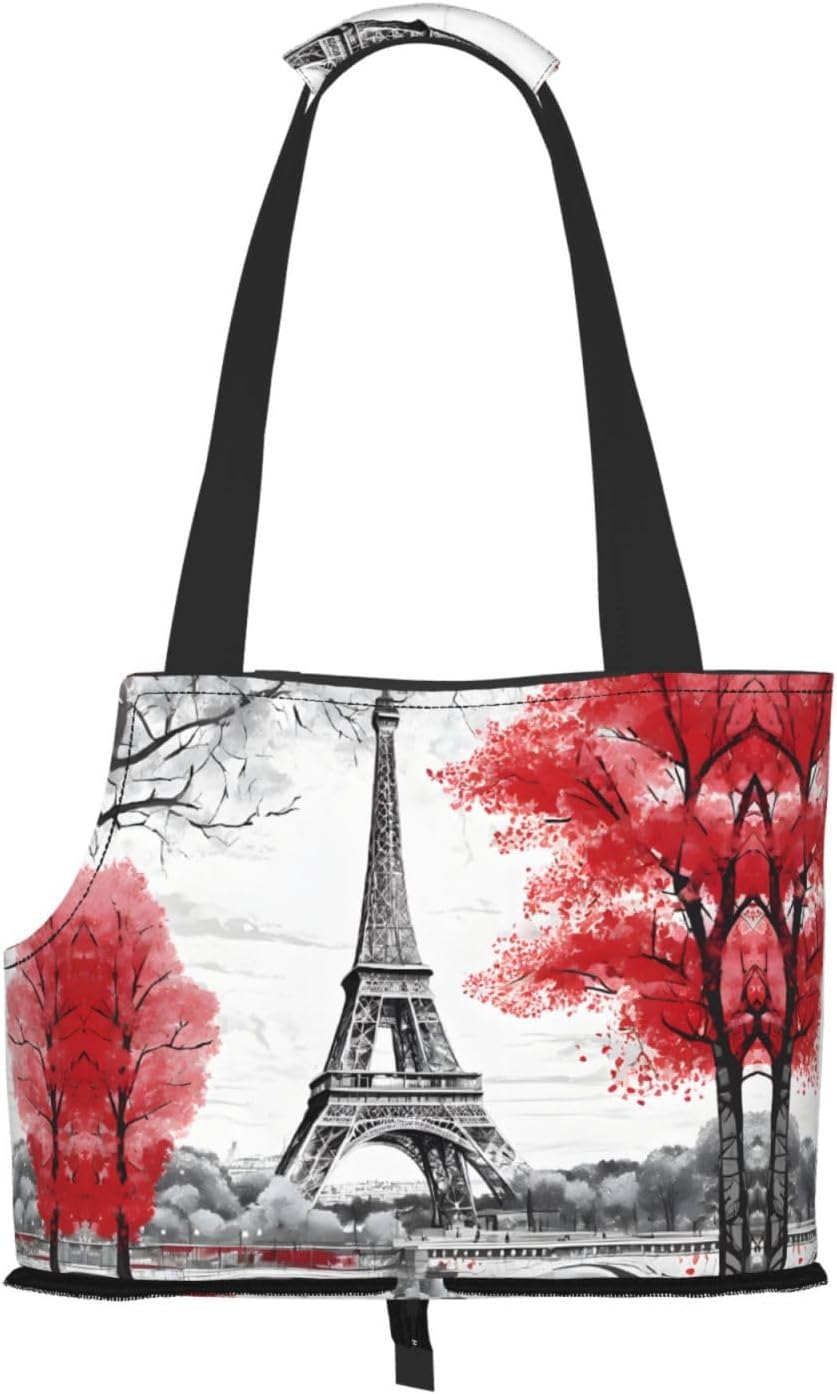 Paris Print Foldable Pet Tote Bag, Portable Shoulder Carrier with Safety Clip for Cats Small Dogs