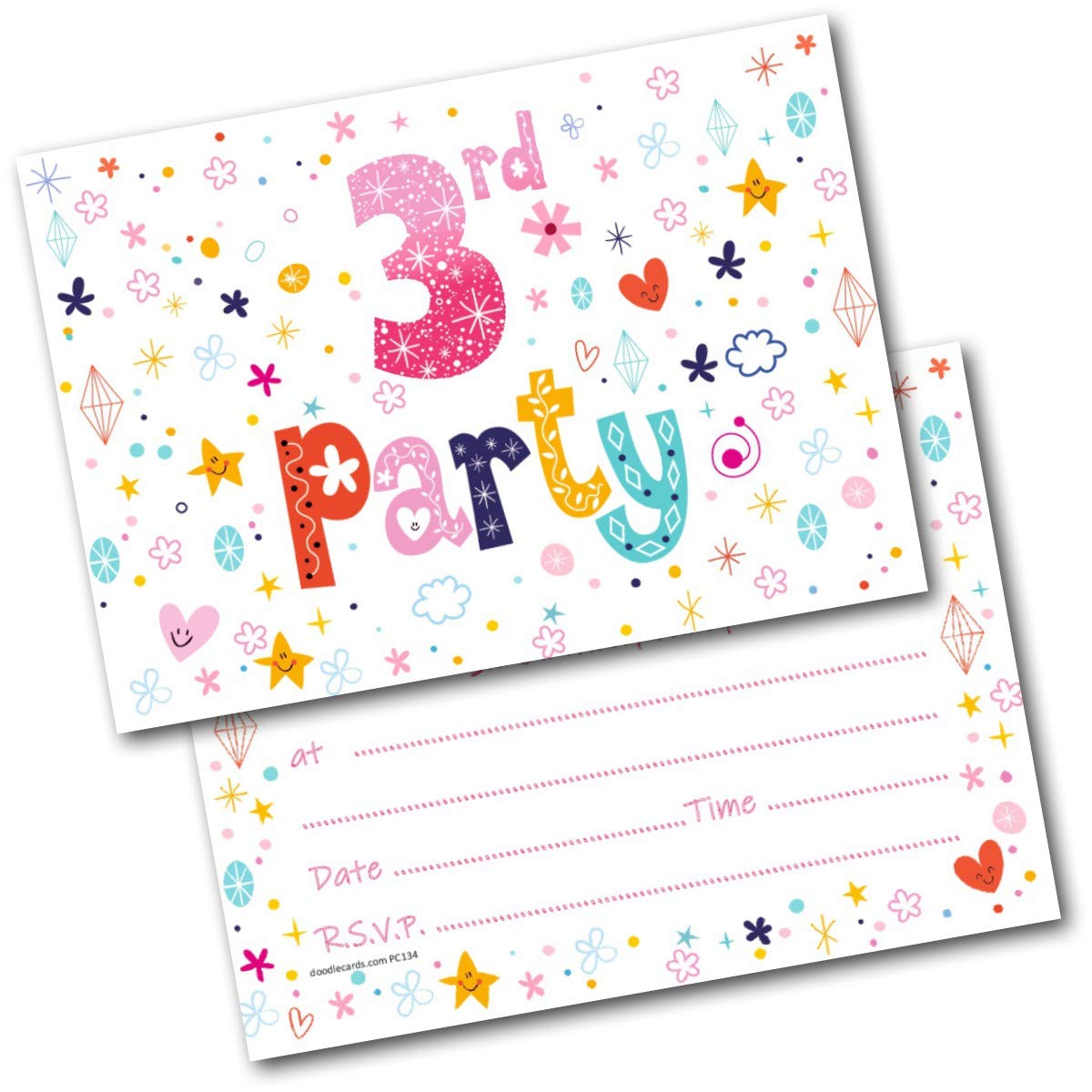 doodlecards 3rd Birthday Party Invitations Age 3 Female Girls Childrens Pack of 20 Invites and Envelopes. Printed in UK, Premium Quality & 100% Recyclable.