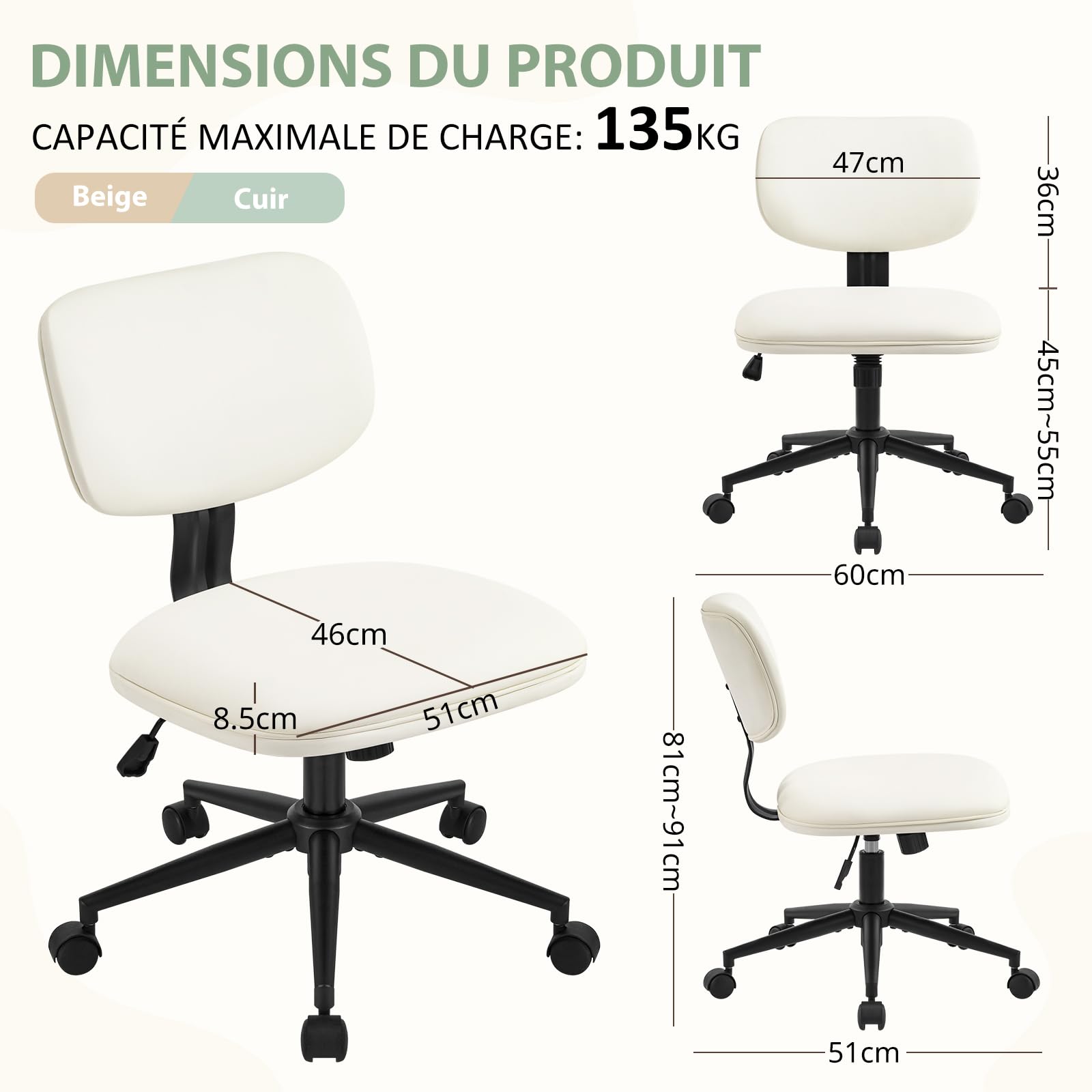 Hellove Chaise Bureau Beige Cuir, Chaise Coiffeuse Réglable en Hauteur 360° Pivotante, Fauteuil Bureau Ado Fille avec roulettes, Confortable pour Salon Chambre Bureau - Beige
