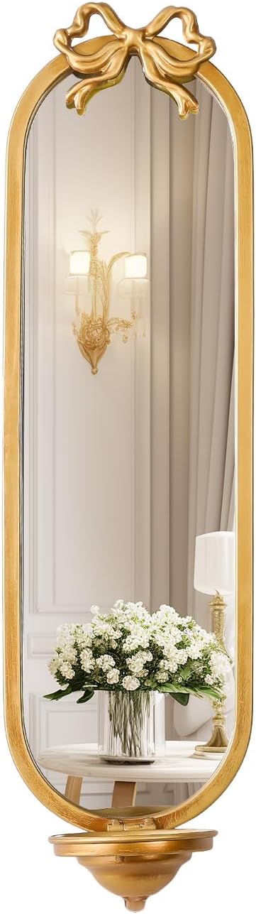 2026 Spring Women's Gifts 22 Inch Vintage Gold Wall Mirror with Single Folding Shelf, Antique Oval Decorative 22x6 Mirror with High-Definition Glass, Space-Saving for Bathroom, Bedroom
