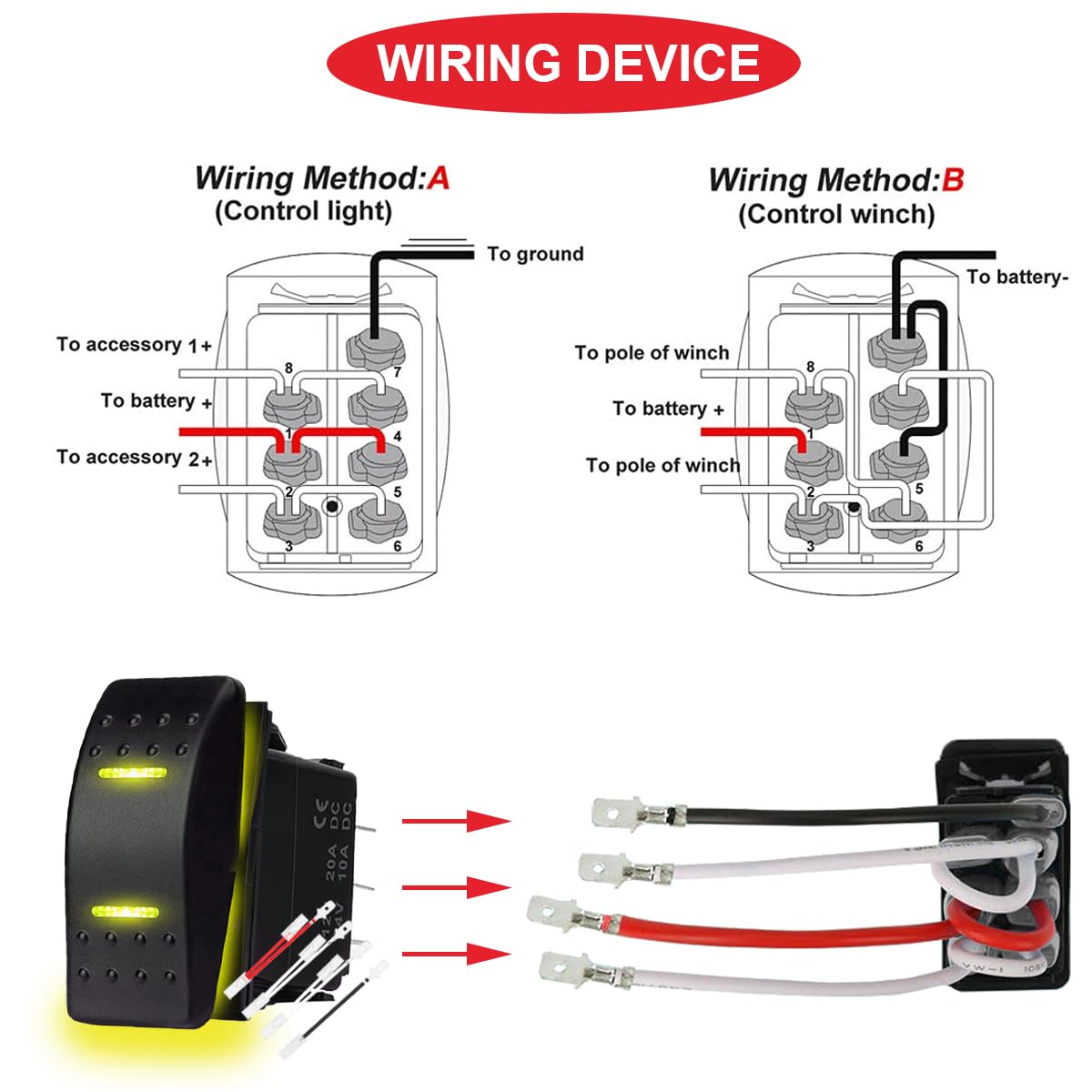 MKBKLLJY 2-Pack Automatic Lock Rocker Switch – 3-Position ON/OFF/ON, 12V/20A, Yellow LED, Waterproof - View #6
