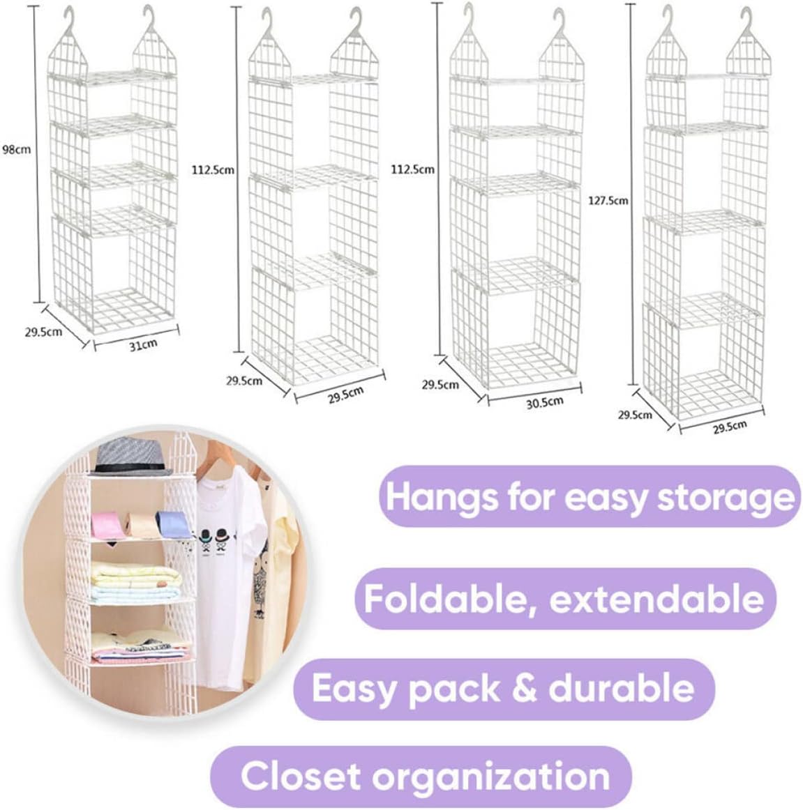 Hanging Closet Shelf Plastic Space Saver Organizer for Clothing Hangers Foldable Design White 3-Layer Closet Organizer