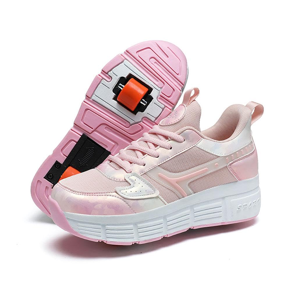 Dziecięce buty z kółkami, Skateboard buty z kółkami, 2-w-1 wielofunkcyjne 2-kołowe rolki dla dzieci i dorosłych, Skateboard buty,Pink-33 EU