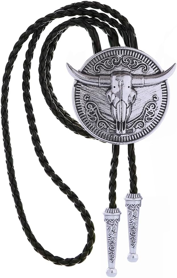 GelConnie Longhorn Bull Bolo Tie for Men Native American Western Cowboy Leather Necktie Bolo Necklace for Women Gold Texas