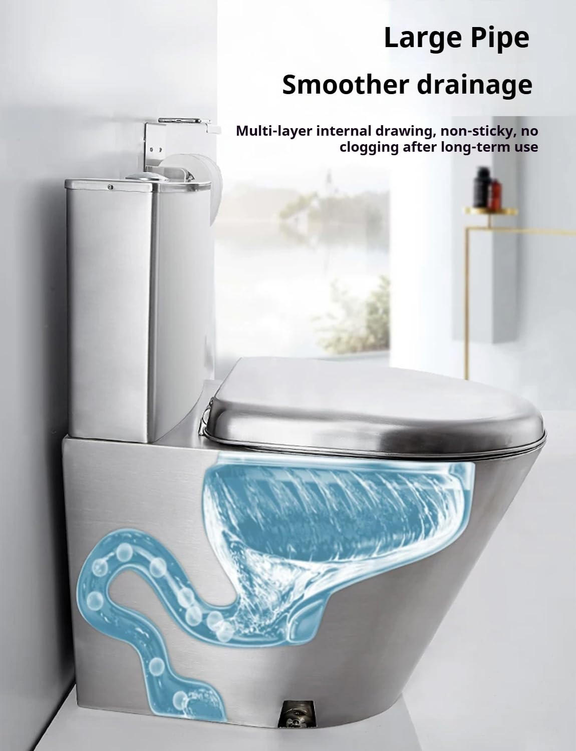 Inodoro comercial de doble descarga de acero inoxidable 304 con tapa, ahorro de agua y resistente a la congelación para baño