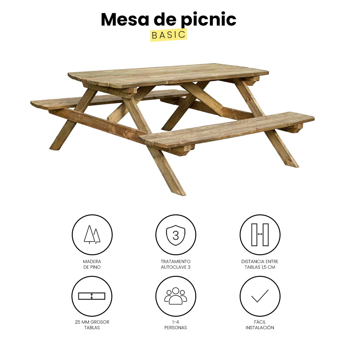 Nortene Mesa Picnic Basic Madera De Pino para Jardín Y Terraza 72x172x159cm
