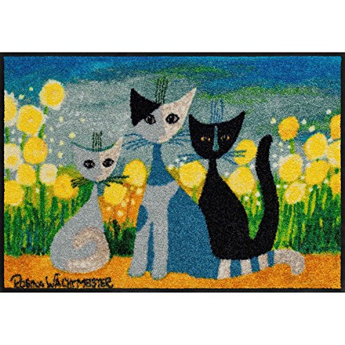 Springtime Lifestyle Doormat, 50 x 75 cm, Spring Entrance Mat, Colourful Flowers, Cats, Blue, 50 x 75 cm (Rectangular)