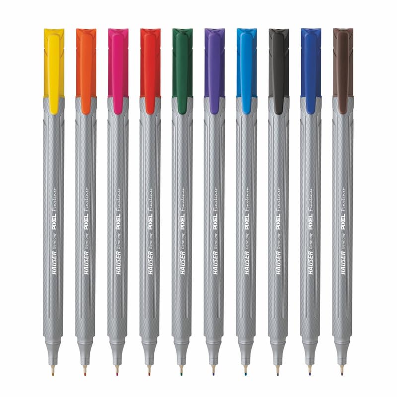Image of Hauser Germany Pixel Fineliner | Triangular Body For Better Grip | Hi-Quality Metal Tip | Available in 10 Vivid Ink Colours | Pack of 10