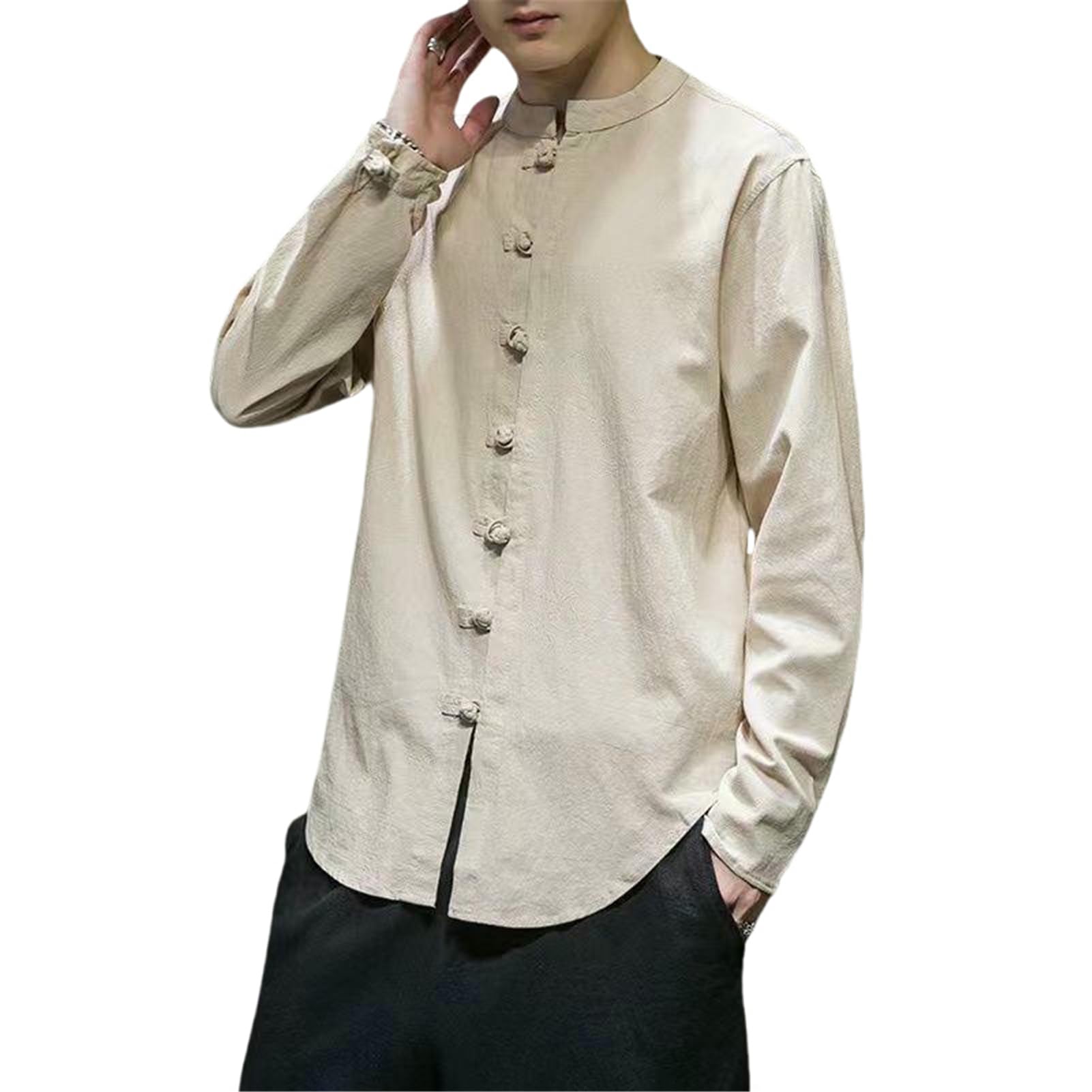 Chemise col mandarin pour homme style chinois en polyester coupe ample décontractée - 8