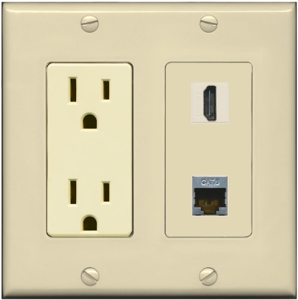 RiteAV - 15 Amp Power Outlet and 1 Port HDMI and 1 Port Shielded Cat6 Ethernet Decorative Type Wall Plate - Stainless Steel/White