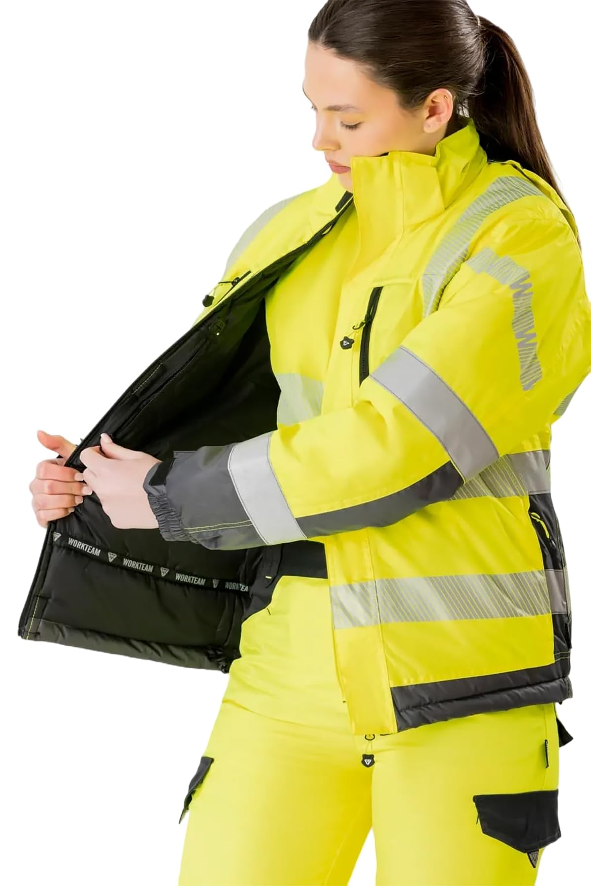 WORKTEAM Parka Acolchada Alta Visibilidad, Cintas Reflectantes Segmentadas, Cuello Alto con Capucha Ajustable, impermeable Clase 2, Unisex