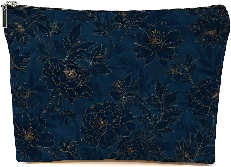 Necessaire de maquiagem floral vintage azul-escuro Blue Leaves, 23,88 cm x 5,08 cm x 17,78 cm