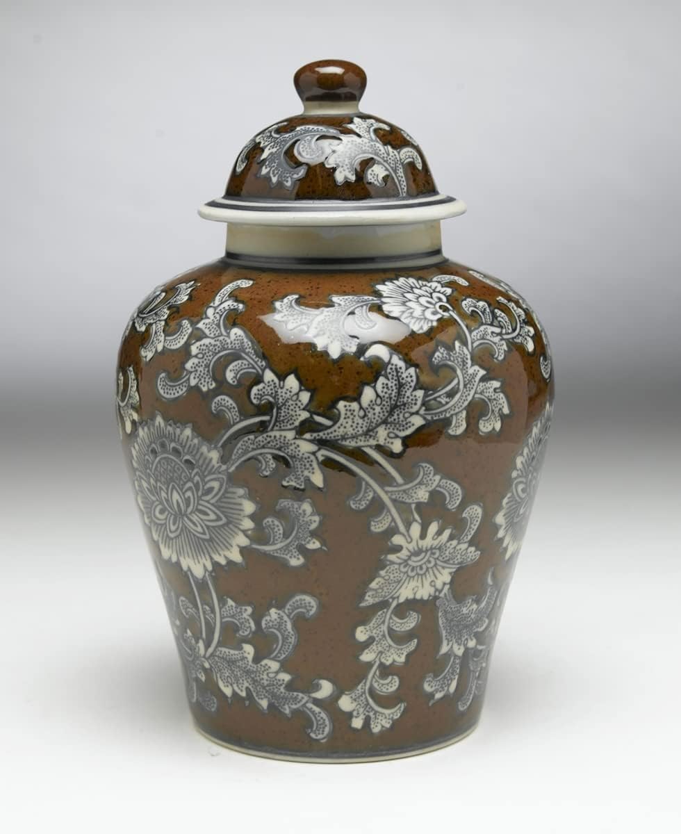 59729 Brown And Gray Floral Ceramic Ginger Jar 10 Inches High