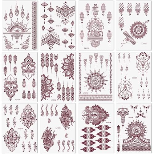 Xmasir 12 Sheets Brown Henna Tattoo Kit, Temporary Tattoo Sticker for Women