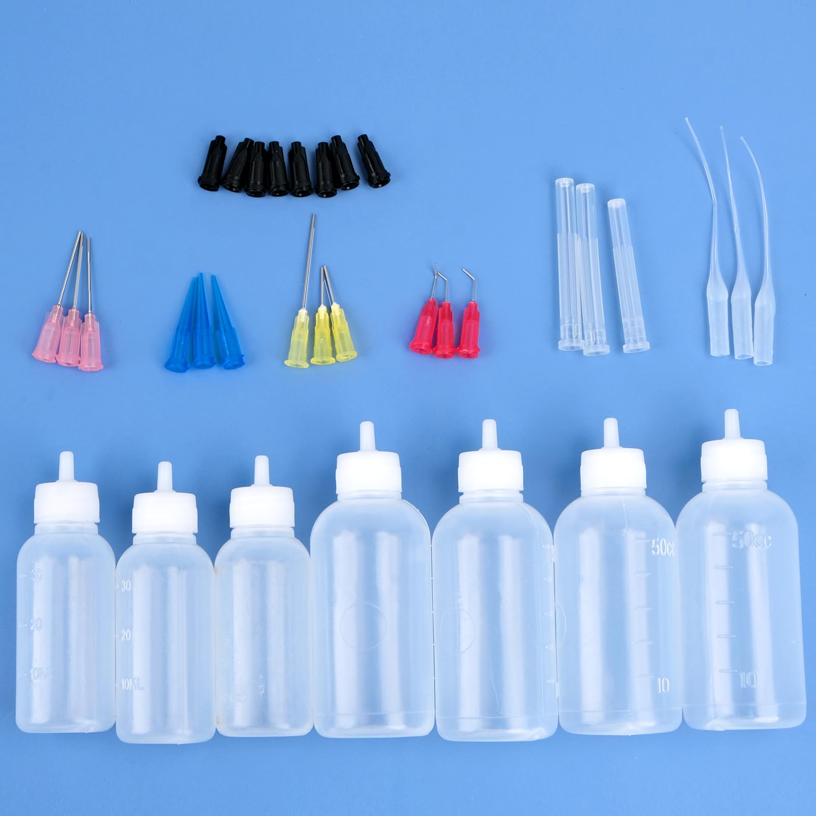 Set di 8 flaconi con ago da 30 ml/50 ml, con punta di precisione, flacone dosatore con 16 aghi fini e 16 tappi, bottiglia di colla vuota, applicatore bottiglie per colla fai