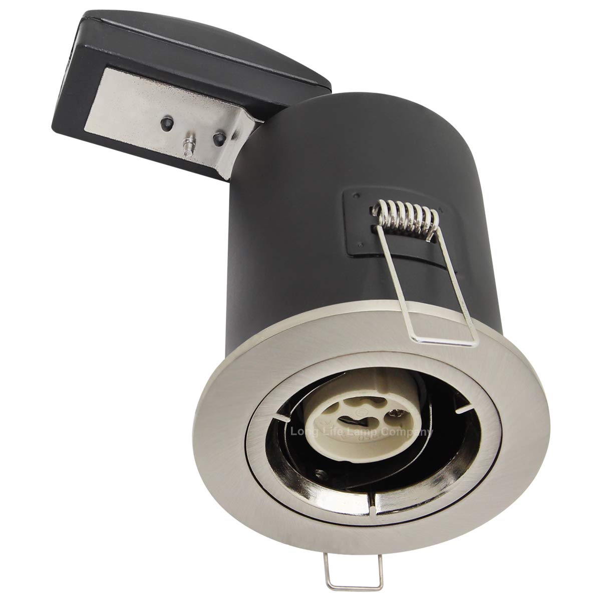Long Life Lamp Company Recessed Fire Rated Ceiling Downlight Brushed Chrome GU10 Holder Twist and Lock Bezel