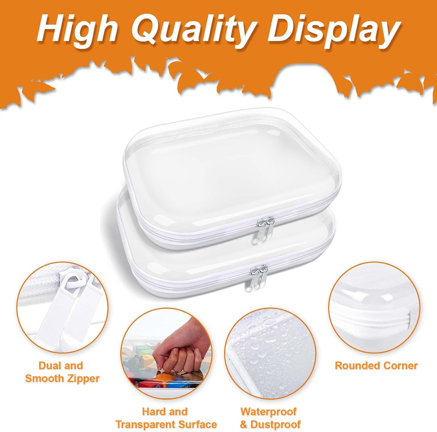 2 Pack Clear Hard Shell Zipper Case Thicker 1.2mm Plastic Clear Zipper Pouches Waterproof Makeup Bag Toy Storage Organizer Case for Travel Toiletries Cosmetic Block Puzzle (25x20.5x4.5cm)