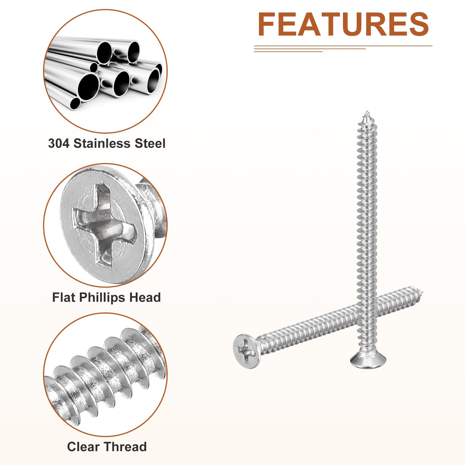 DTGN 20Pcs M4.2x60mm Flat Head Wood Screws, 304 Stainless Steel Phillips Self Tapping Screws - Good for Woodworking Furniture - Silver - Image 4