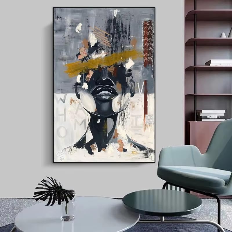Tableau abstrait visage de jeune fille dorée grand format 80x120