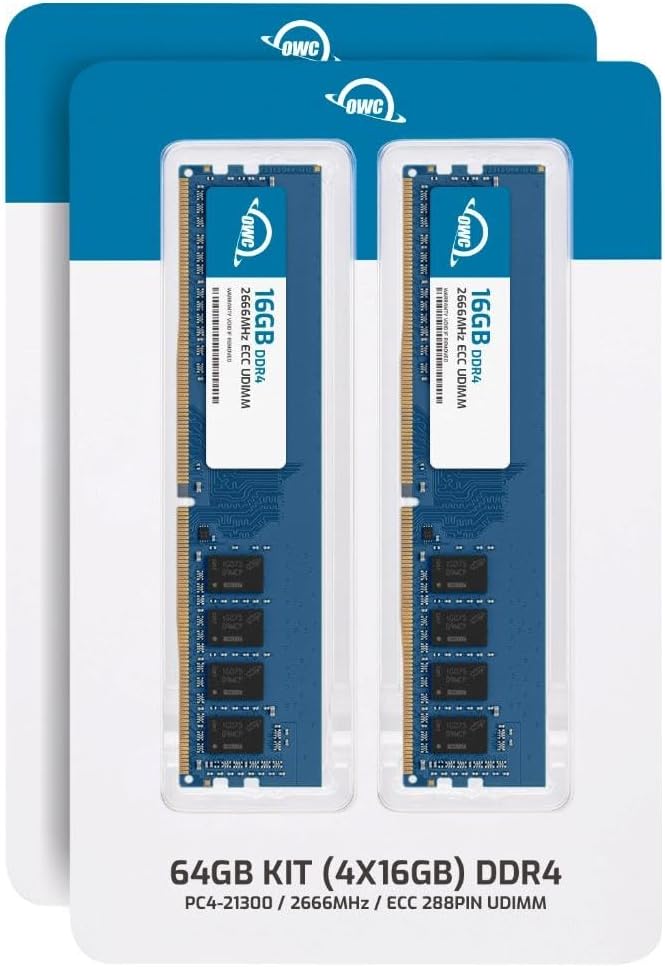 OWC 64GB (4x16GB) DDR4 2666MHz PC4-21300 CL19 2RX8 ECC Unbuffered UDIMM 1.2V 288-pin Workstation Server Memory RAM