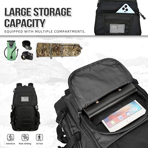 Miniatura 4 de Militar MOLLE Mochila al aire libre senderismo mochila táctica equipo táctico paquete de asalto para acampar entrenamiento, Negro -, Mochilas de