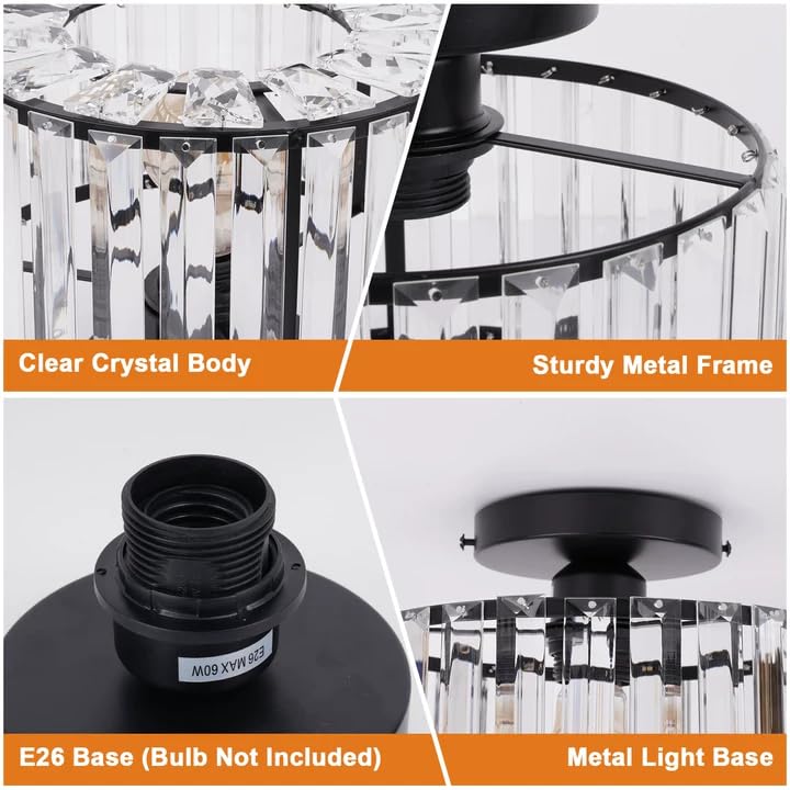 Image of FRIDEKO HOME Crystal Ceiling Light - Black Small Chandelier Semi Flush Mount Ceiling Light Fixture Modern Lights for Hallway Bathroom Kitchen Entryway (9.05 Inch, Bulb not Included)