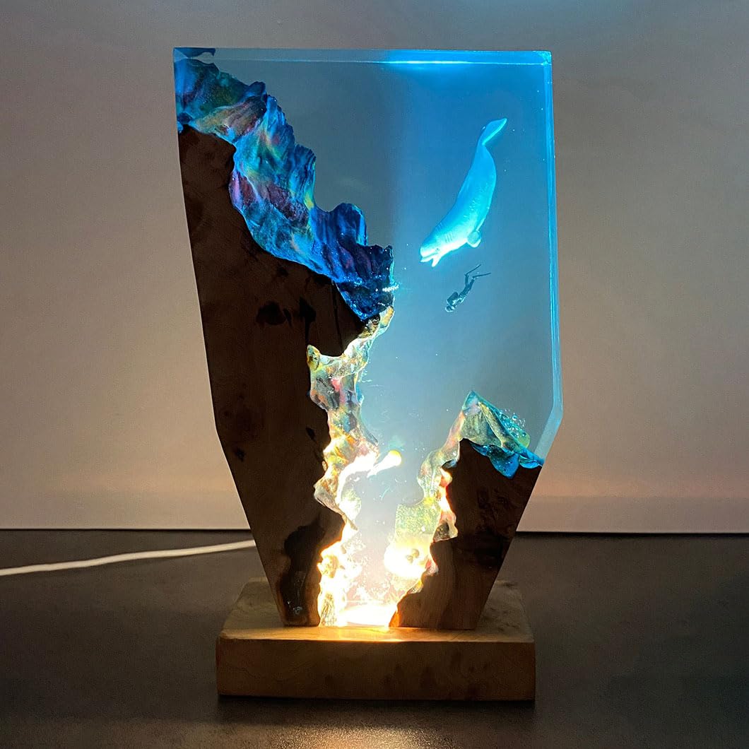 Ręcznie wykonana lampka nocna z żywicy oceanicznej, podwodna lampa biurkowa LED, sztuka perspektywiczna, miękki blask do dekoracji domu lub biura