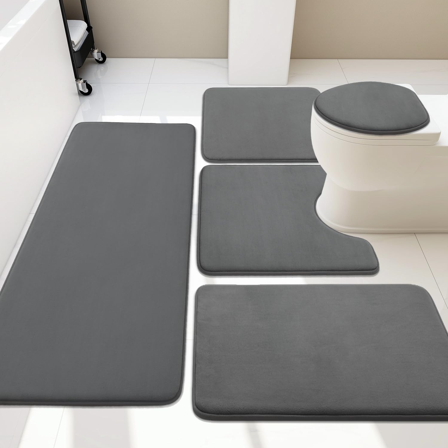 YHOUSE 5 Piece Memory Foam Bath Mat Set, Super Absorbent Bath Mats - Non-Slip & Washable, Dry Quickly in Dark Grey
