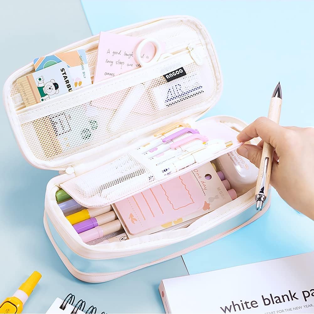 PRANIJ Cute Aesthetic Large Capacity Expandable Pencil Case Pouch with Zipper Portable Office Stationery Desk Organizer for School Collage Boys Girls Adults Women Men (Light Blue)