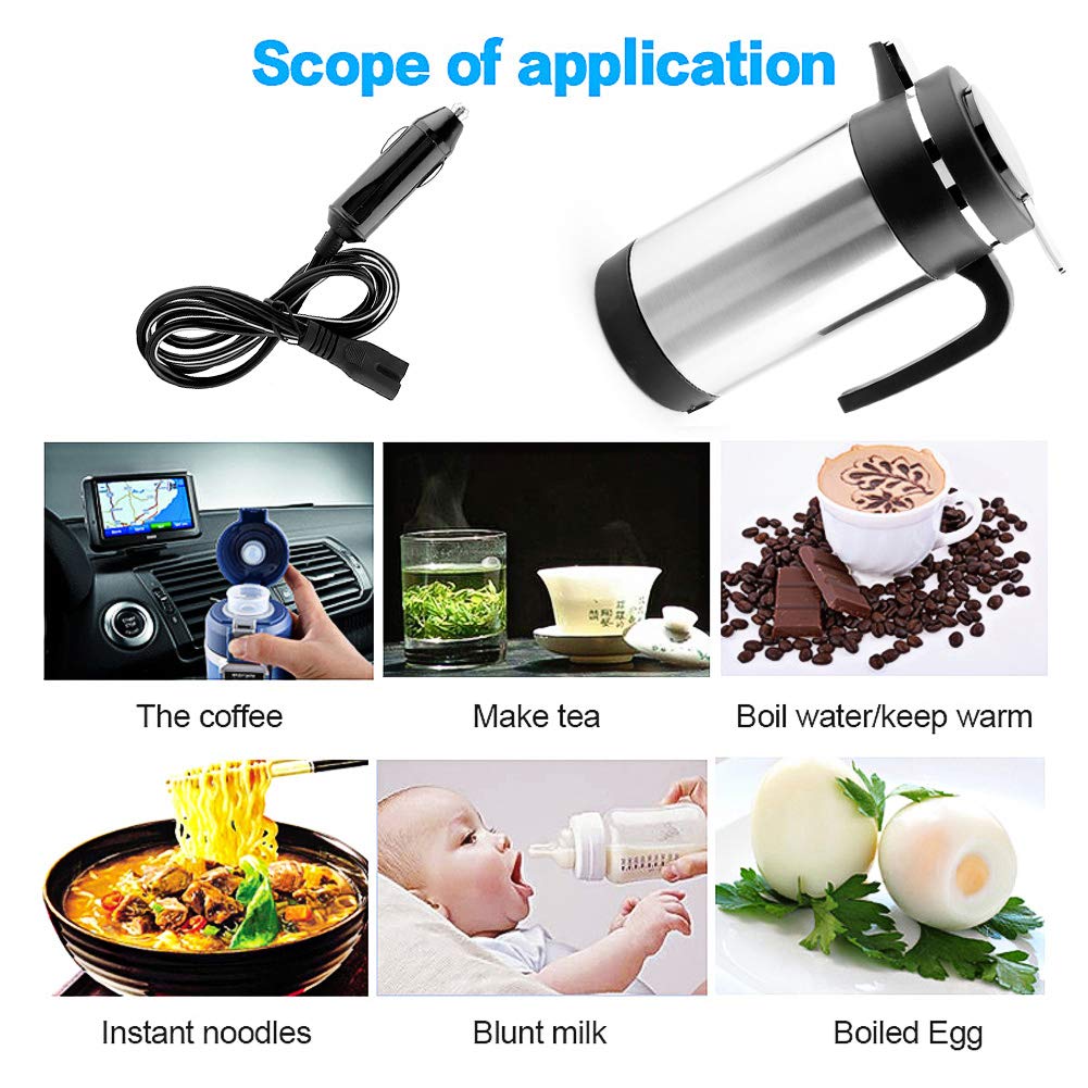 KIMISS 1000ML Caldera eléctrica para automóviles, acero inoxidable Taza de calefacción para autos Café Té Termo Calentador de agua Taza Caldera de viaje 12V