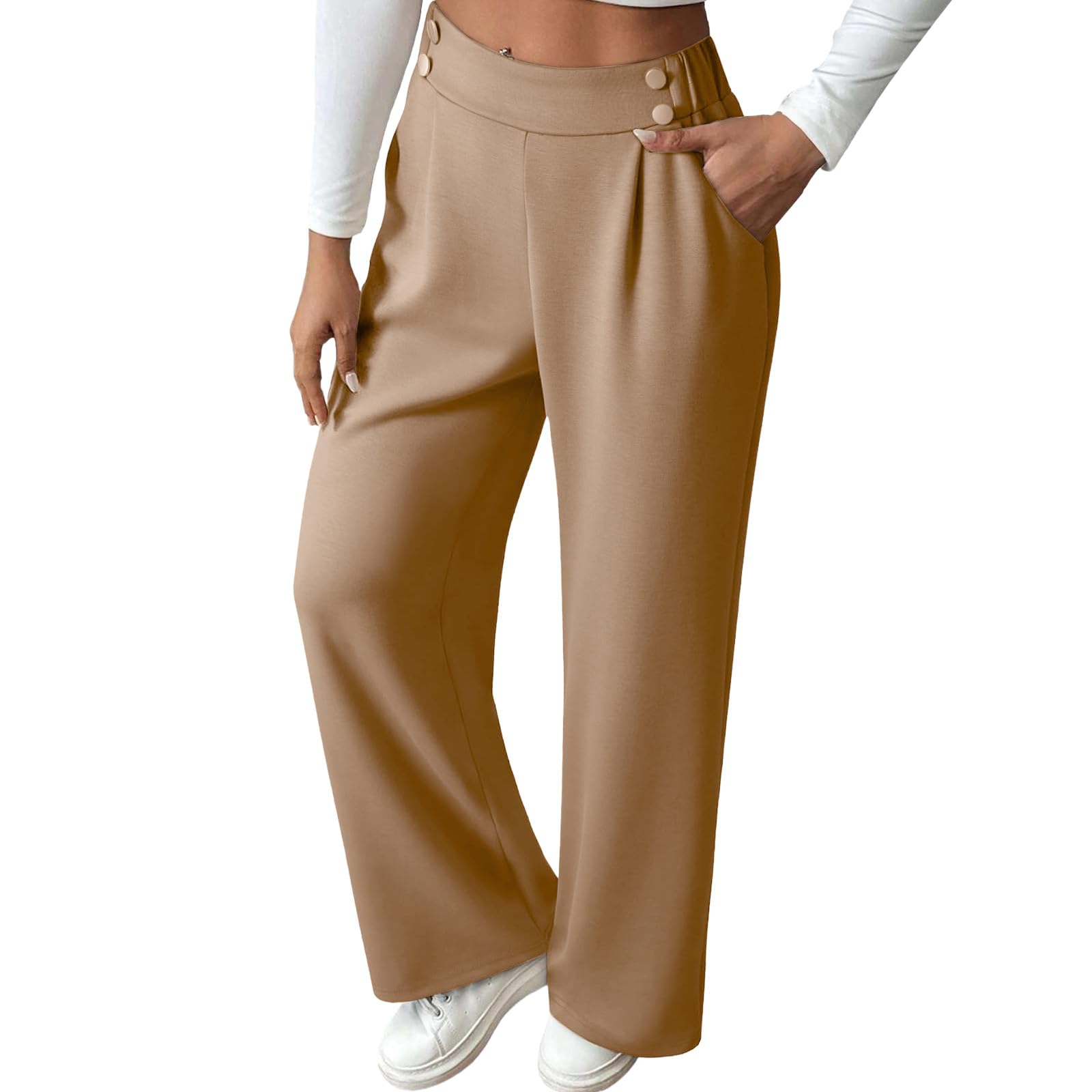 Womens Wide Leg Pants Straight Elastic High Waisted Pant Business Casual Pants Office Work Palazzo Trousers