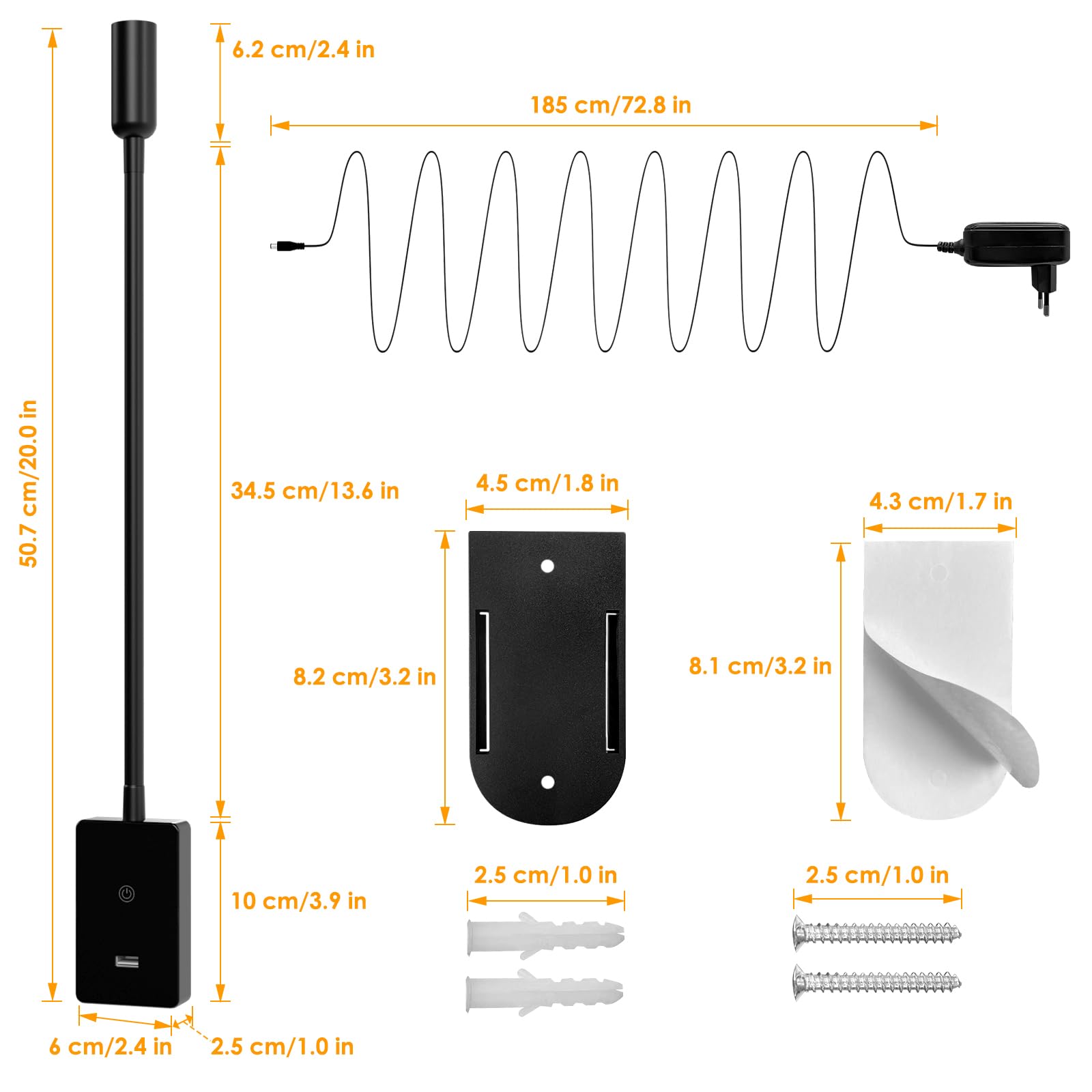 ENUOTEK Lampe de Liseuse Murale, Lampe Murale LED de 4W Pour Lit, Lumière de Lecture Tactile de 4000K Dimmable de 240Lm avec Port de Charge USB 2A, Lampe de Lecture à col de Cygne Spotlight