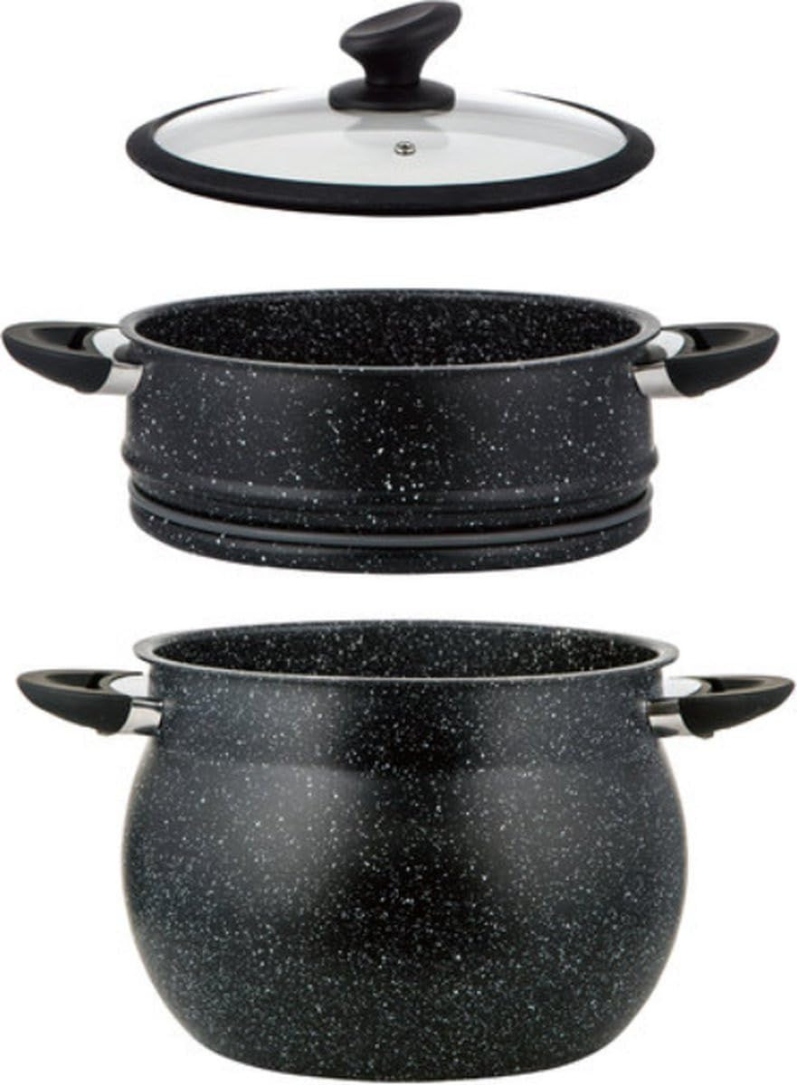 ROYALTY LINE, Couscoussier en acier inoxydable 15 Litres avec couvercle en verre, compatible gaz, électrique, céramique, halogène, induction, avec un revêtement antiadhésif sans PFOA, Noir
