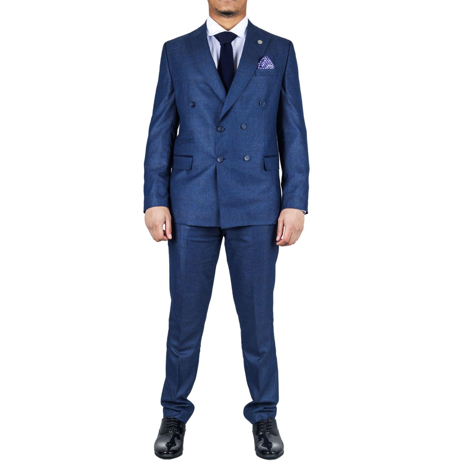 Truclothing Blue Men's Suit 2 Piece Double Breasted Check Formal Dress - Size 40