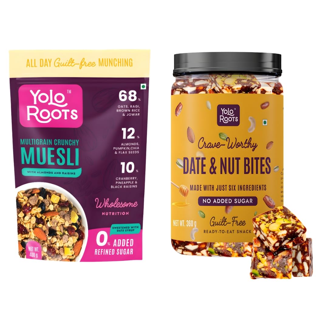 Yolo Roots Multigrain Crunchy Muesli 400g & Date & Nut Bites Barfi 360g Healthy Combo | No Added Sugar, High Fiber Breakfast & Natural Sweet Snack (Pack of 2)